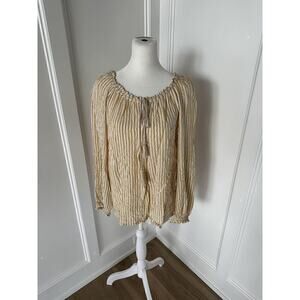 Max Studio Womens Tan and White Striped Loose Fit Keyhole Peasant Blouse Large